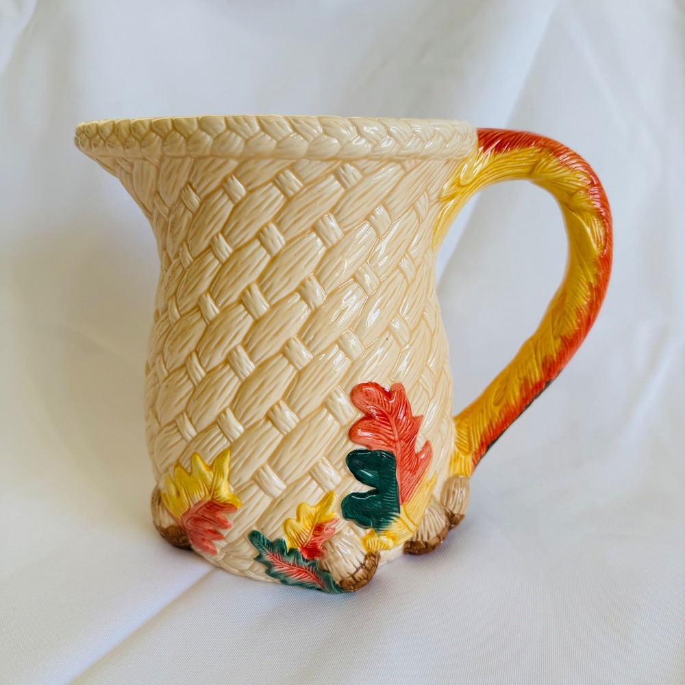 Vintage Long Rich Ceramic Pitcher Basket Weave Design Fall Leaves Handle 7.5 in